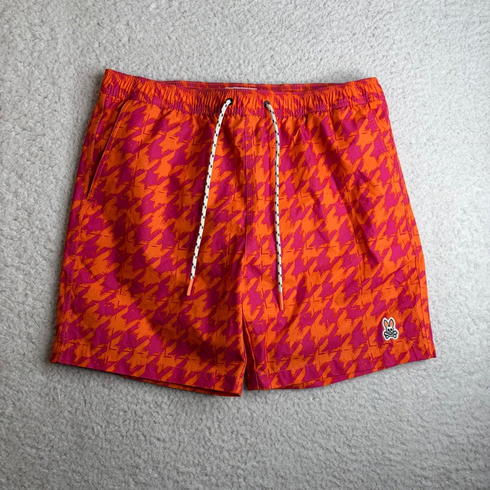 Psycho Bunny Mens Swim Trunks Orange Pink Abstract Houndstooth Board Shorts L